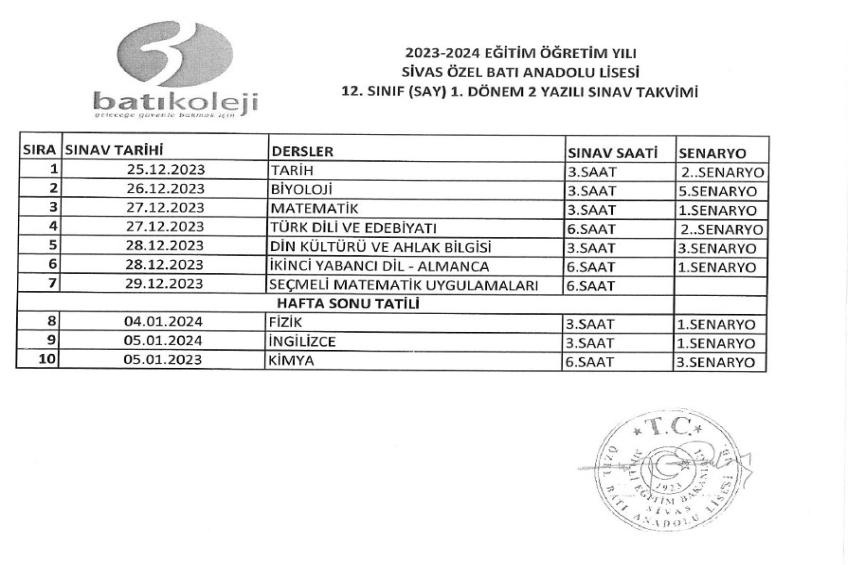 2023-2024 EĞİTİM ÖĞRETİM YILI 1.DÖNEM 2. YAZILI TARİHLERİ 
